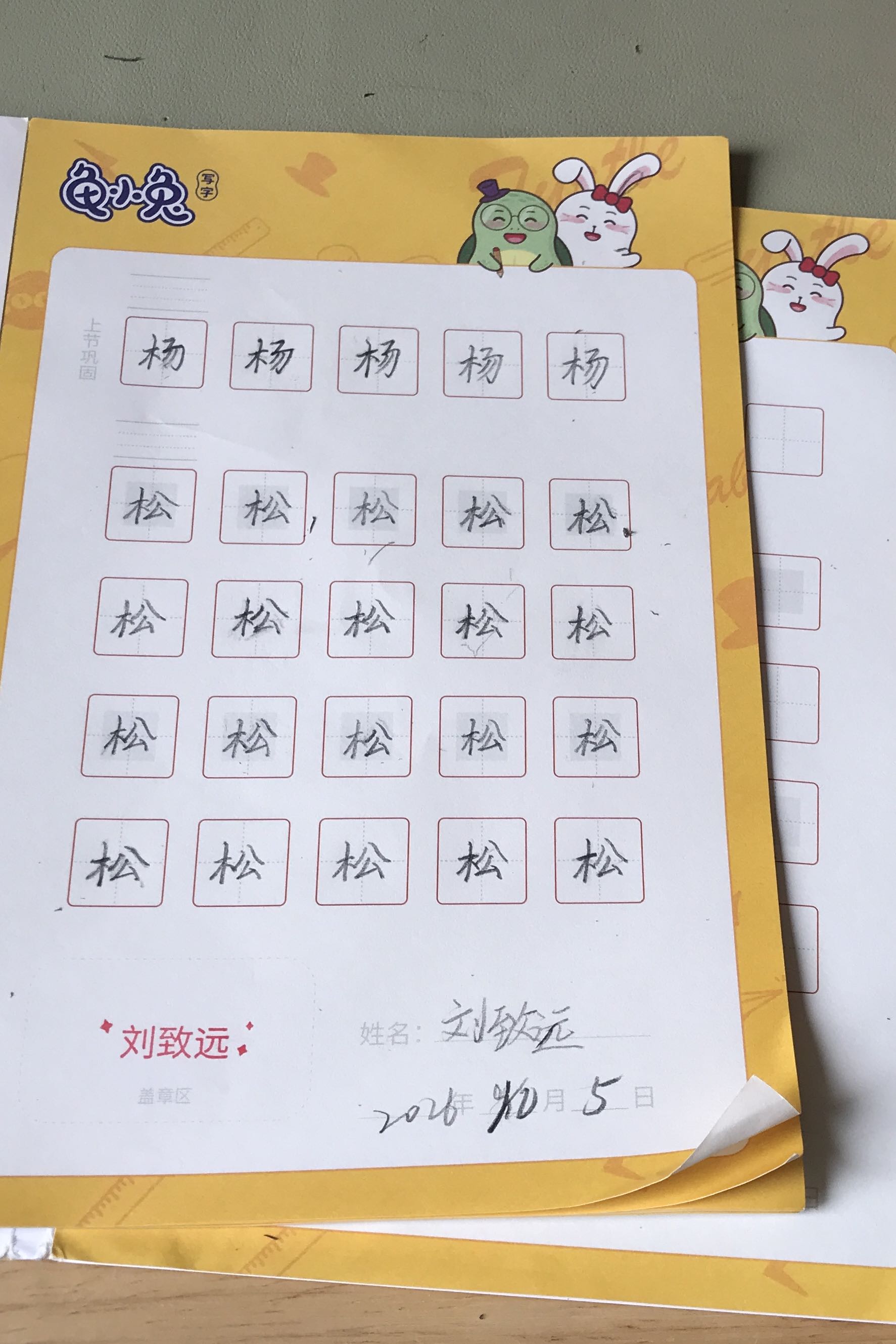 龟小兔写字优秀作品展示：小元宝/二年级/练字1天
