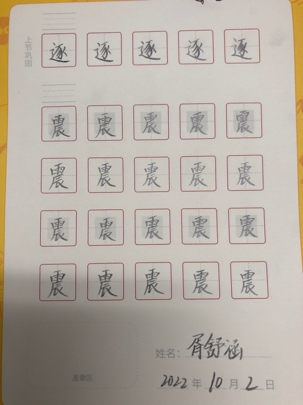龟小兔写字优秀作品展示：胥舒涵/五年级/练字1天