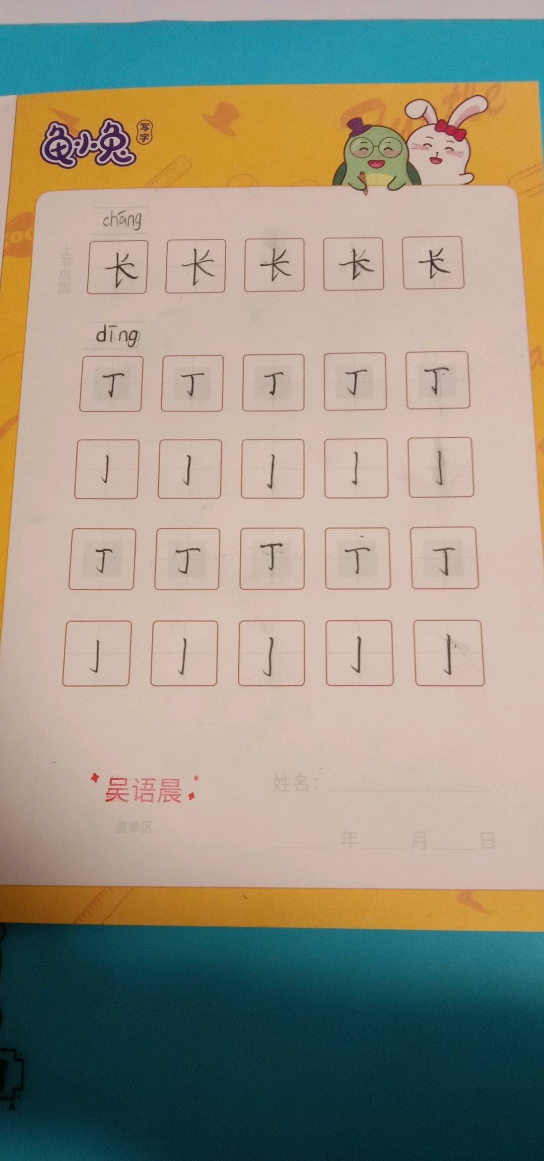 龟小兔写字优秀作品展示：晨晨/二年级/练字1天